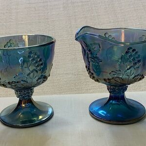Vintage Indiana Harvest Grape, Blue and Purple Carnival Glass  Sugar Cream Set